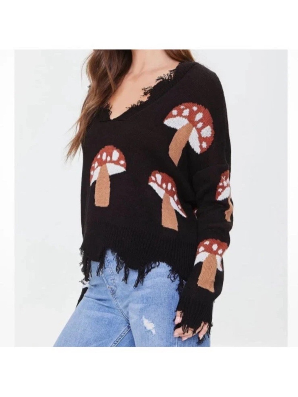 Just Polly Junior Young Women’s Black Red Mushroom Fringe Crop Sweater Large